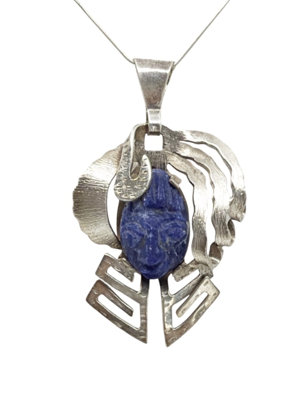 Vintage Taxco Mexico sterling silver azurite aztec mask pendant - GM1084